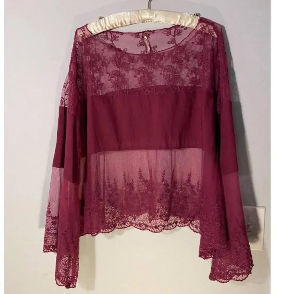 FREE PEOPLE Maroon Red Sheer Lace Mesh Long Bell Sleeve Crop Top Blouse Shirt M